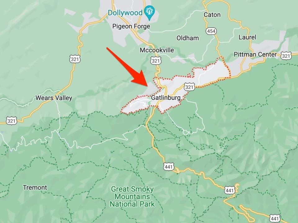 Google Maps zoomed in on Tennesse with an arrow pointing to Gatlinburg just north of Great Smoky Mountains National Park.