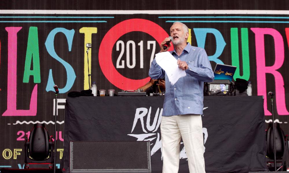 Jeremy Corbyn speaks to the crowd from the Pyramid stage at Glastonbury Festival.