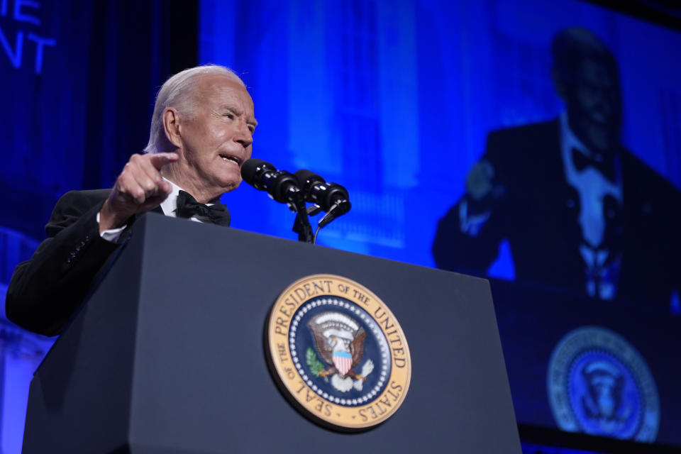 President Joe Biden speaks at the White House Correspondents' Association Dinner at the Washington Hilton, Saturday, April 27, 2024, in Washington. (AP Photo/Manuel Balce Ceneta)