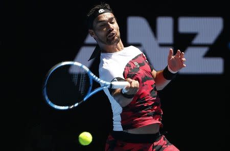 Tennis - Australian Open - Margaret Court Arena, Melbourne, Australia, January 22, 2018. Fabio Fognini of Italy hits a shot against Tomas Berdych of Czech Republic. REUTERS/Toru Hanai