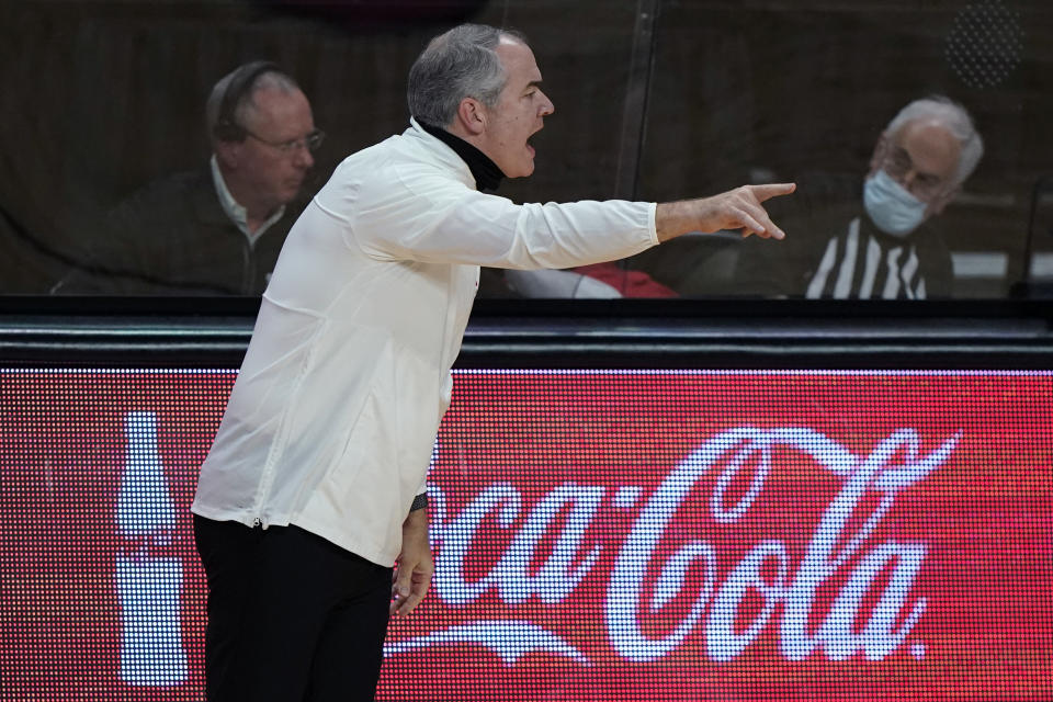 Rutgers coach Steve Pickiell gestures to his players during the first half of the team's NCAA college basketball game against Purdue, Tuesday, Dec. 29, 2020, in Piscataway, N.J. (AP Photo/Kathy Willens)