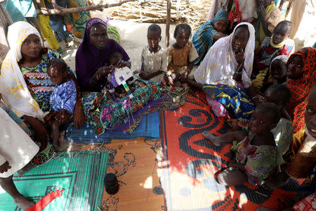 A family seen within their straw grass home at the IDP camp at Gamboru, Borno, Nigeria April 27, 2017. REUTERS/Afolabi Sotunde