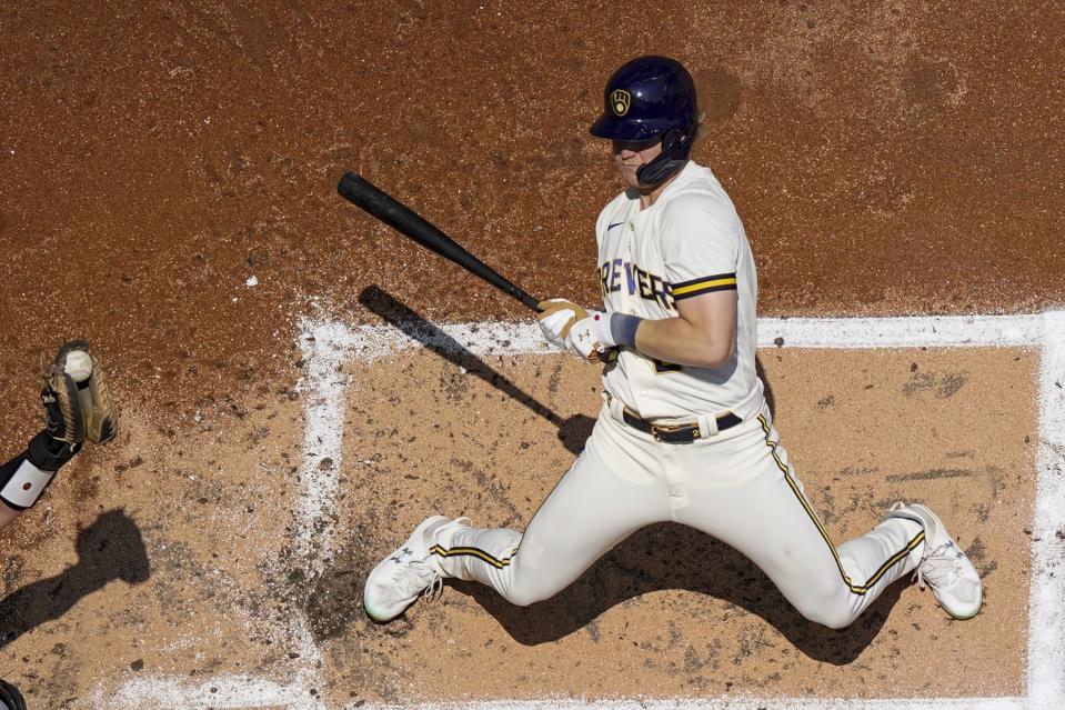 Milwaukee Brewers' Joey Wiemer gets out of the way from an inside pitch during the second inning of a baseball game against the Baltimore Orioles Thursday, June 8, 2023, in Milwaukee. (AP Photo/Morry Gash)