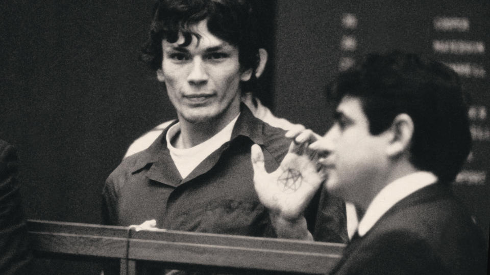 Ramirez flashed a pentagram, a satanic symbol, during a court appearance in 1985, UPI reported at the time. (Netflix)