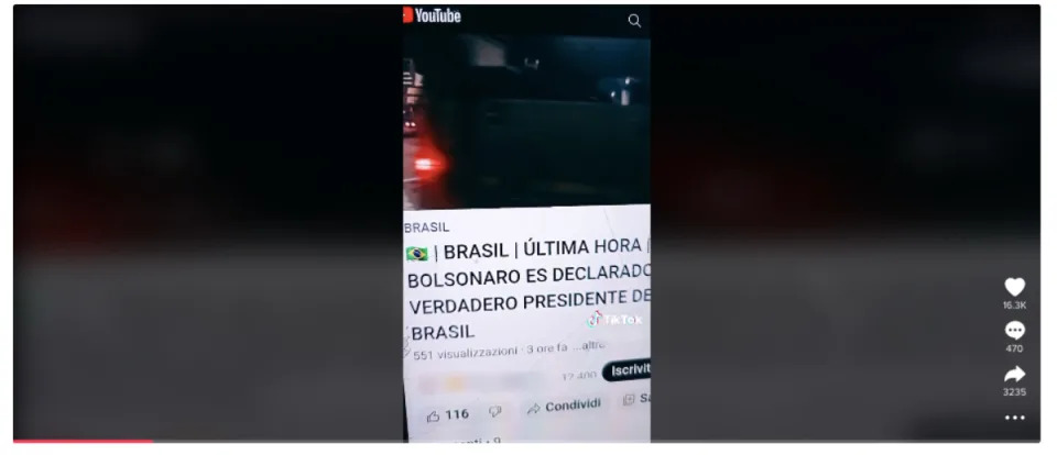 Captura de tela de vídeo alegando que Bolsonaro teria sido nomeado o verdadeiro presidente do Brasil (Foto: TikTok / Reprodução)