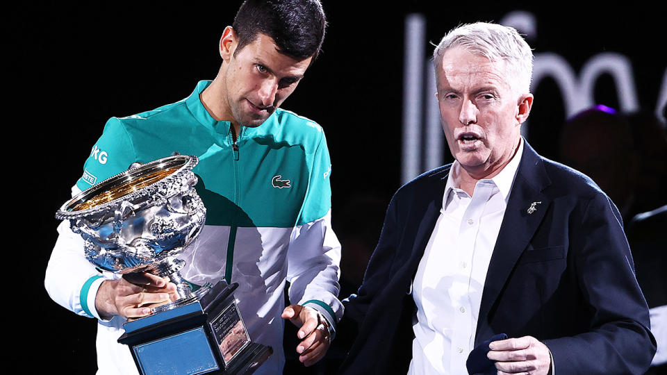 Novak Djokovic, pictured here speaking with Craig Tiley after winning the Australian Open in 2021.