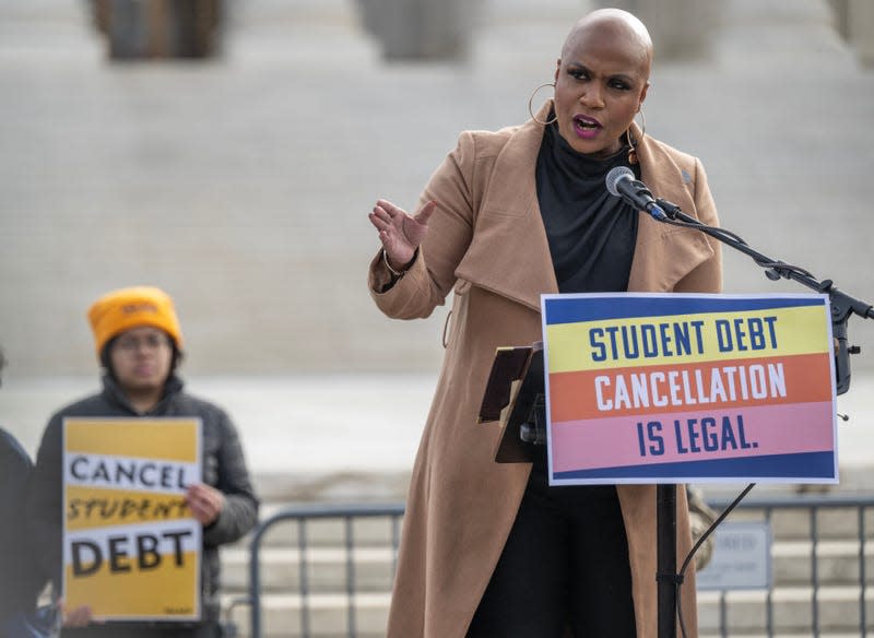 US Representative Ayanna Pressley (D-MA) speaks at a protest in front of the Supreme Court during a rally for student debt cancellation in Washington, DC, on February 28, 2023. - The court begins oral arguments in two cases, one from six Republican-led states, that challenge US President Joe Biden’s student debt forgiveness policy. 