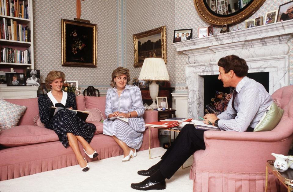 <p>Diana's sitting room doubled as her workspace: from her oh-so-chic dusty pink upholstery, she could be seen drinking tea with a friend at one moment and conducting meetings the next. We can't get enough of that gorgeous fireplace! </p>