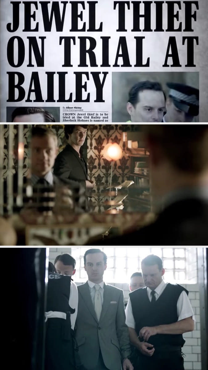 Sherlock and John get ready for Moriarty's trial as we see a newspaper introducing it and Moriarty being brought from the jail