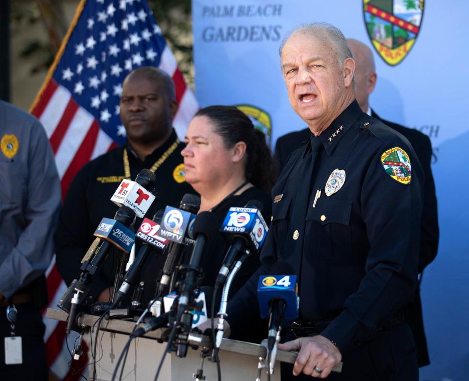 Clint Shannon, Palm Beach Gardens Police Chief, speaks at a news conference about their arrest of a 39-year-old Miami man in the murder of 14-year-old Ryan Rogers Thursday, Dec. 2, 2021. Officers took Semmie Lee Williams into custody on Wednesday. Shannon described Williams as "a homeless drifter" and called the homicide a "random act."