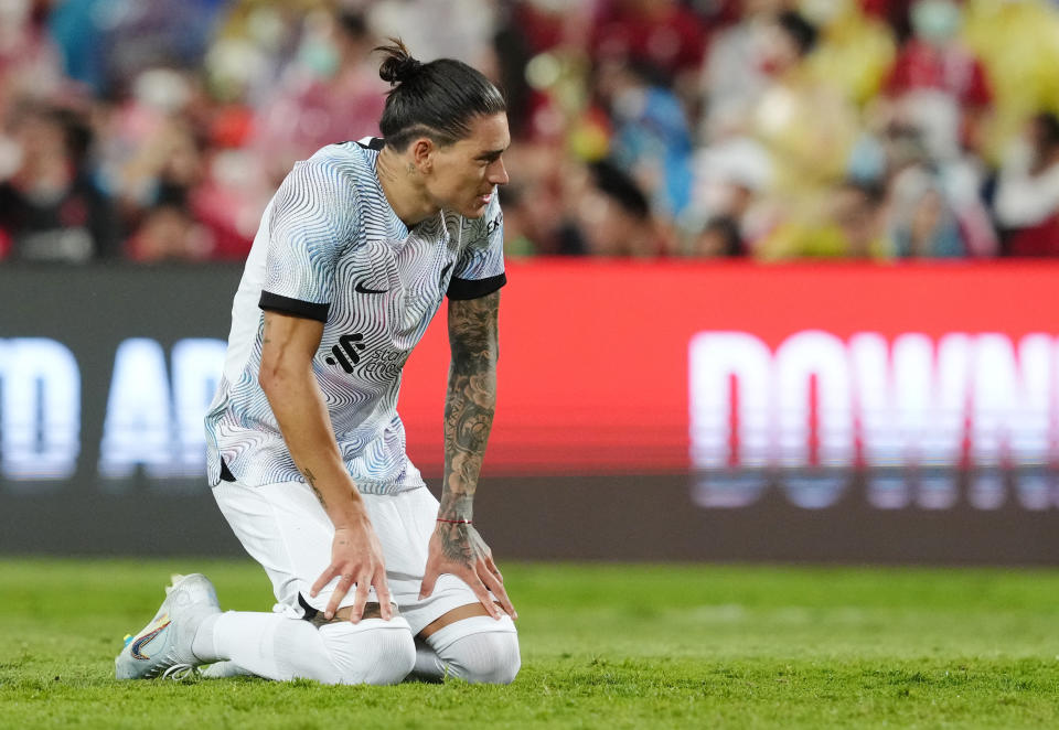 Liverpool's Darwin Nunez reacts to missing an attempt during the Reds' pre-season friendly against Manchester United in Bangkok.