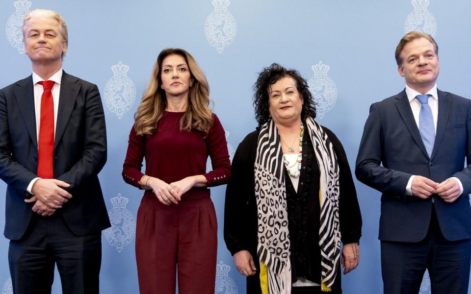 Shoulder to shoulder: Geert Wilders (PVV), Dilan Yesilgoz (VVD), Caroline van der Plas (BBB) and Pieter Omtzigt (NSC) present the agreement of their four parties for a new cabinet, at the Hague, on Thursday