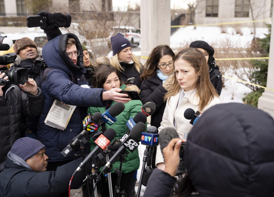 Special Investigations Unit spokesperson Kristy Denette speaks to the media during a press conference the day after a shooting in Vaughan, Ontario, on Monday, Dec.19, 2022. (Arlyn McAdorey/The Canadian Press via AP)