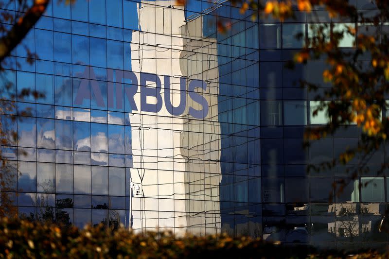 FILE PHOTO: Airbus logo at the Airbus Defence and Space facility in Elancourt