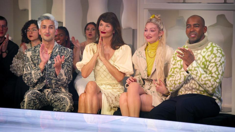 Tan France, guest judge Helena Christensen, Gigi Hadid, guest judge Jason Bolden on Next in Fashion (COURTESY OF NETFLIX)