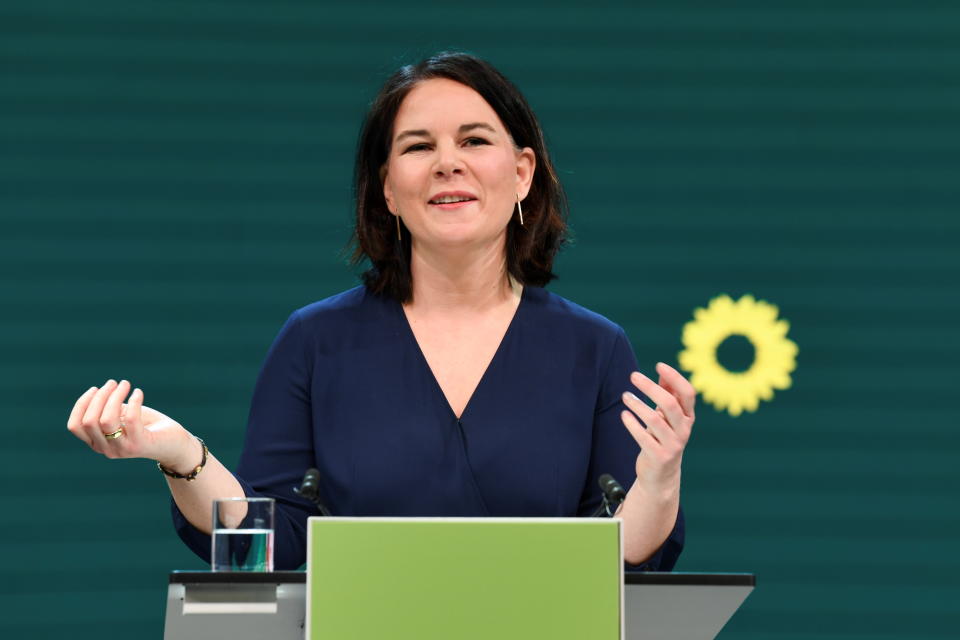 A co-leader of Germany's Green party Annalena Baerbock gives a speech during digital announcement event where the party is expected to present the proposal that the top duo will go into the federal election campaign and the announcement of candidacy for chancellor at the malt factory in Berlin, Germany, April 19, 2021.  REUTERS/Annegret Hilse/Pool