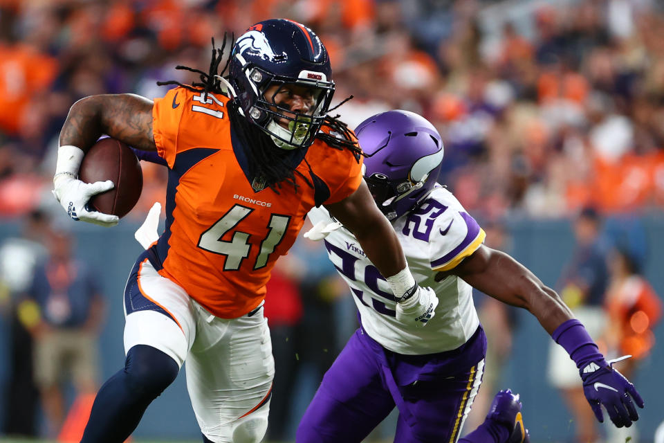 DENVER, CO - AUGUST 27: JaQuan Hardy #41 of the Denver Broncos runs the ball in the first half of a preseason game against the Minnesota Vikings at Empower Field At Mile High on August 27, 2022 in Denver, Colorado. (Photo by Justin Tafoya/Getty Images)