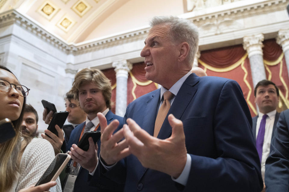 House Speaker Kevin McCarthy of Calif., speaks to reporters, Tuesday, May 23, 2023, as returns to his office from the House floor on Capitol Hill in Washington, as debt limit negotiations continue. (AP Photo/Jacquelyn Martin)