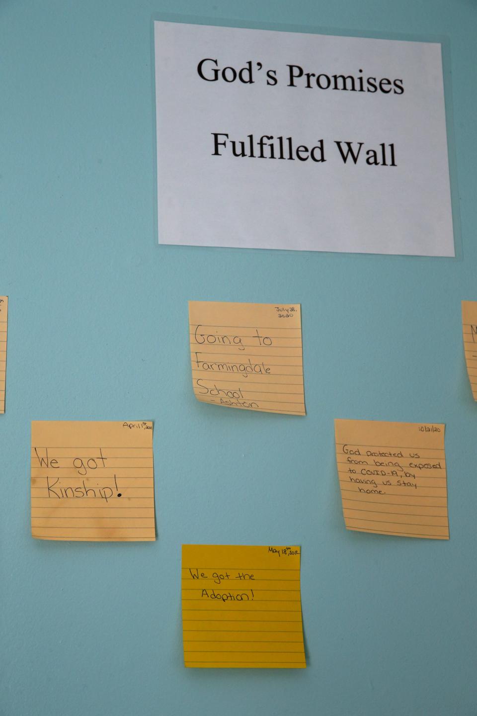 Post Its are shown under the "God's Promises Fulfilled Wall" at Chale Ashley and her newly adopted son Ashton Ashley's Farmingdale home Wednesday, May 26, 2022.  She was interviewed about the challenges of kinship adoption of Ashton who used to be her nephew.