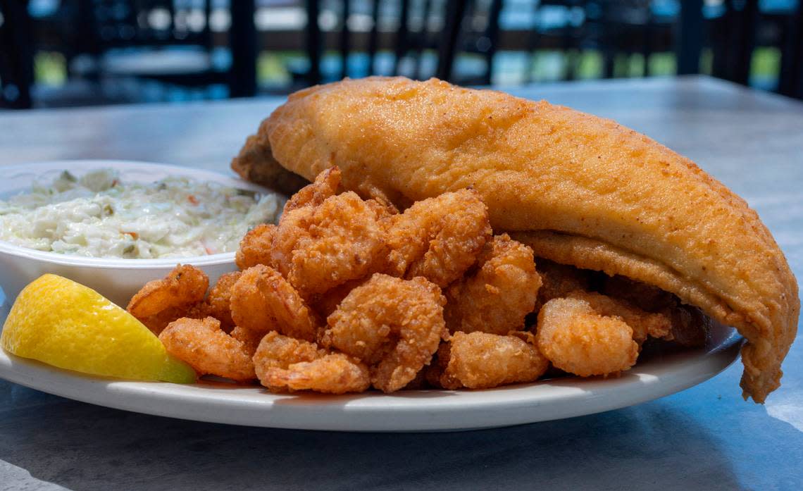 A filet of flounder with shrimp at Captain Nance’s Seafood on Friday, June 28, 2024 in Calabash, N.C.