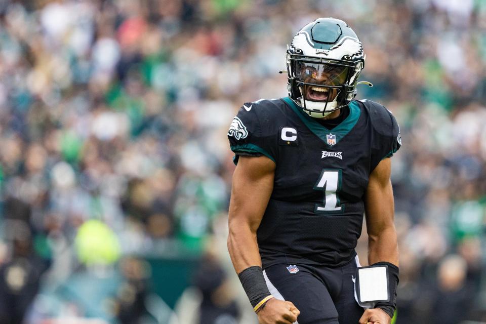 Philadelphia Eagles quarterback Jalen Hurts (1) reacts after his touchdown run against the New Orleans Saints during the first quarter at Lincoln Financial Field.