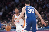 New York Knicks guard Elfrid Payton (6) drives against Philadelphia 76ers guard Furkan Korkmaz (30) in the second half of an NBA basketball game, Saturday, Jan. 18, 2020, at Madison Square Garden in New York. (AP Photo/Mary Altaffer)