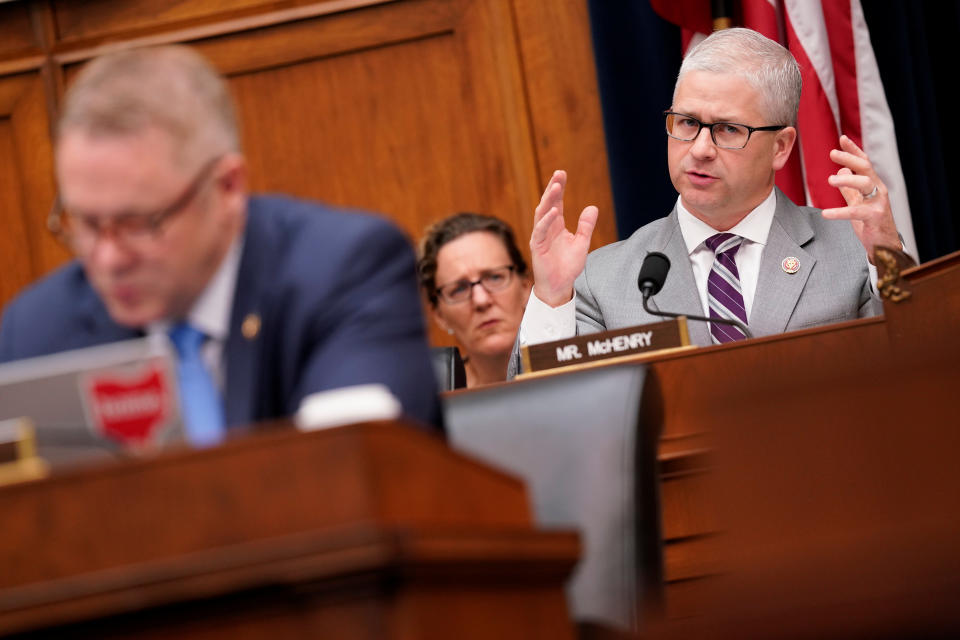 Rep. Patrick McHenry (R-NC) asks a question as bank ceos testify before a House Financial Services Committee hearing on 