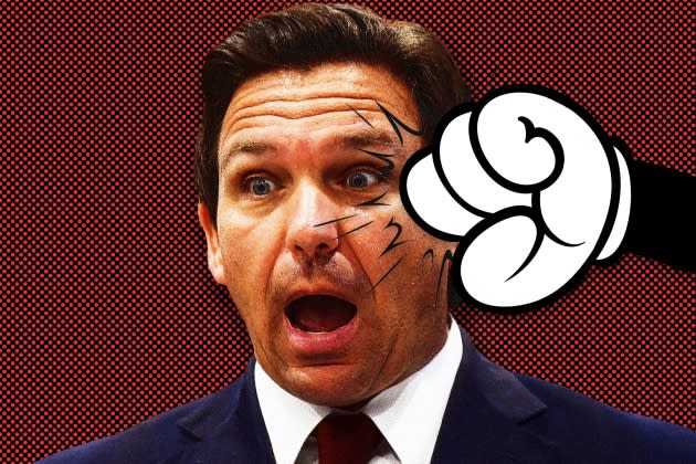 Florida Gov. Ron DeSantis reacts at a press conference at - Credit: Photo illustration by Griffin Lotz. Images in illustration by Paul Hennessy/SOPA Images/LightRocket/Getty Images; Adobe Stock, 2