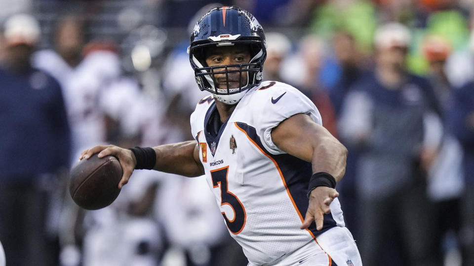 Denver Broncos quarterback Russell Wilson passes the ball during an NFL football game against the Seattle Seahawks, Monday, Sept. 12, 2022, in Seattle. The Seahawks won 17-16. (AP Photo/Stephen Brashear)