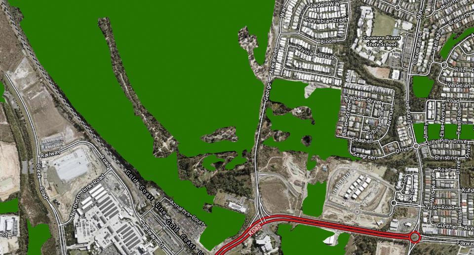 Green markings on a map of Coomera show where koala habitat has been mapped.