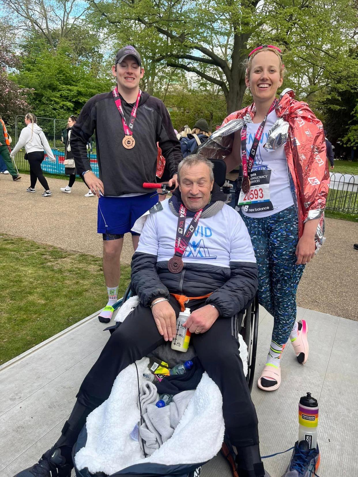 Jenny Rowlinson, David Rowlinson and Jonny Meardon at the London Marathon 