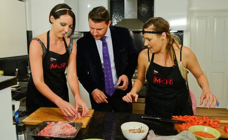 Judge Manu Feildel checks on Chloe and Kelly's progress. Picture: Seven