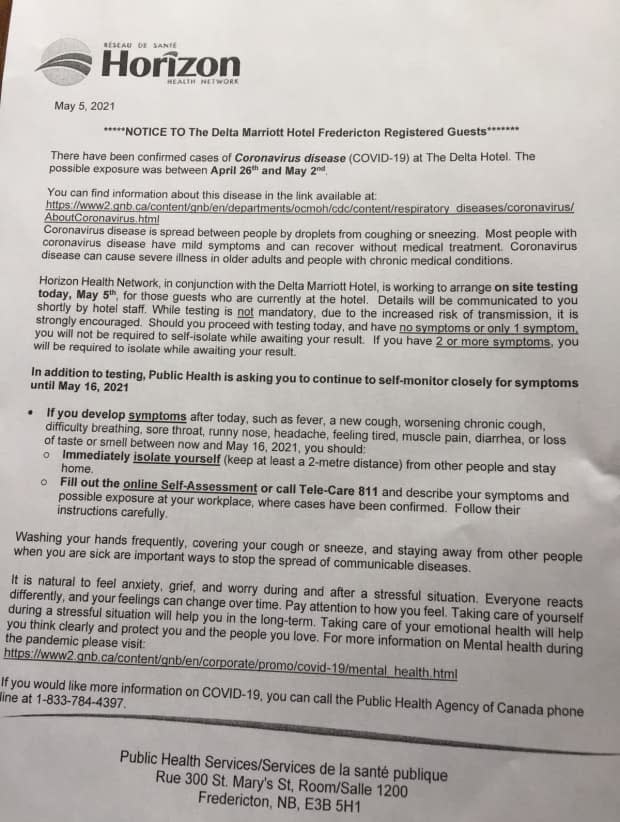 A letter from Horizon Health Network that was slipped under Brian Nilson's hotel room door says there were COVID-19 cases at the Delta Fredericton.