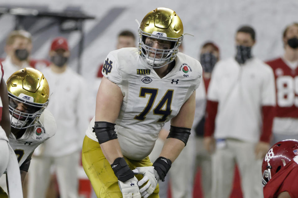 Notre Dame offensive lineman Liam Eichenberg played well against Alabama in the Rose Bowl. (AP Photo/Michael Ainsworth)