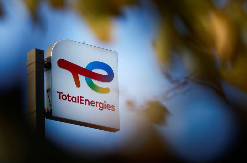 FILE PHOTO: A sign with the logo of TotalEnergies in Bouguenais
