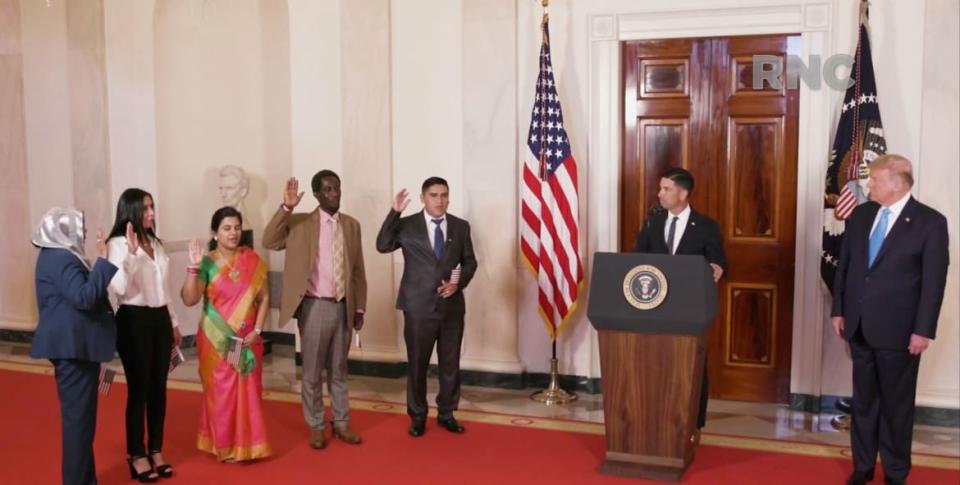 <div class="inline-image__caption"><p>President Donald Trump hosts a naturalization ceremony for new citizens broadcasted during the RNC.</p></div> <div class="inline-image__credit">Republican National Convention</div>