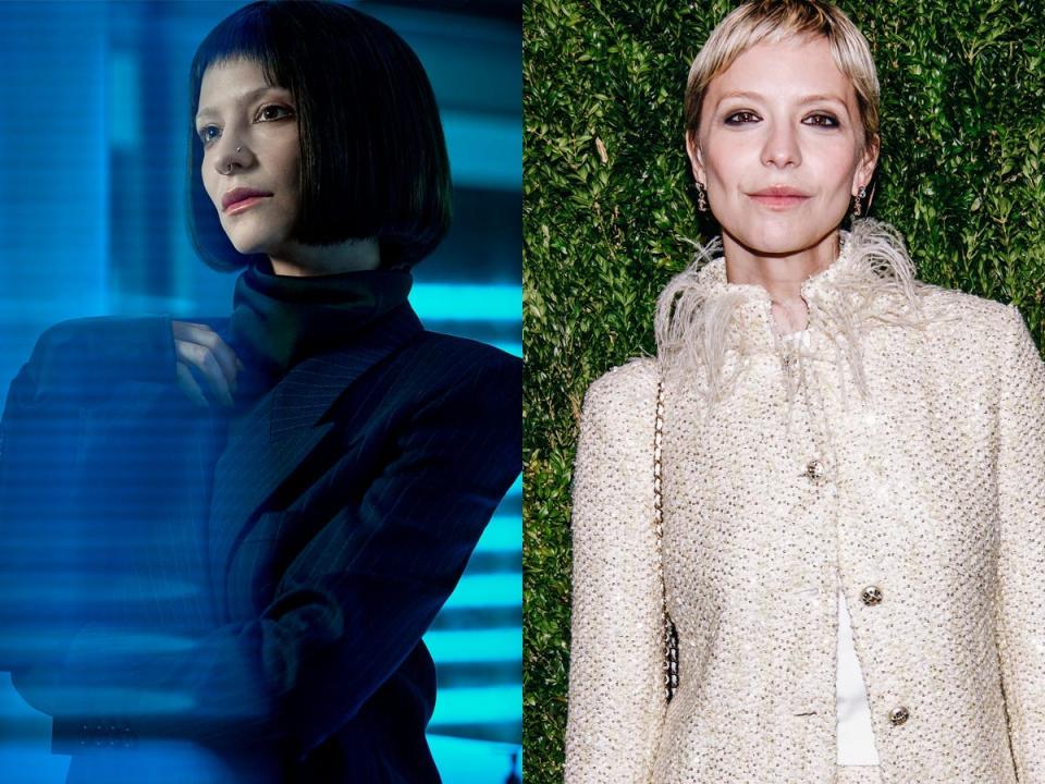 A side-by-side image of Annabelle Dexter-Jones on "American Horror Story: Delicate" and in 2023.