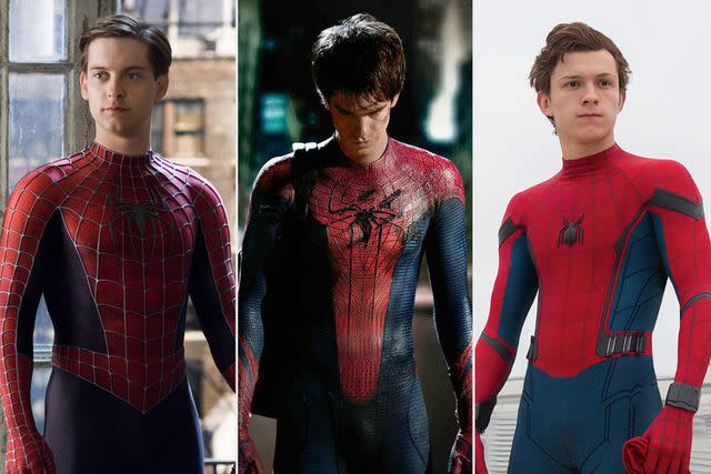 Marvel/Sony Pictures/Kobal/Shutterstock; Moviestore/Shutterstock; Chuck Zlotnick/Columbia/Kobal/Shutterstock From L: Tobey Maguire, Andrew Garfield and Tom Holland as Spider-Man