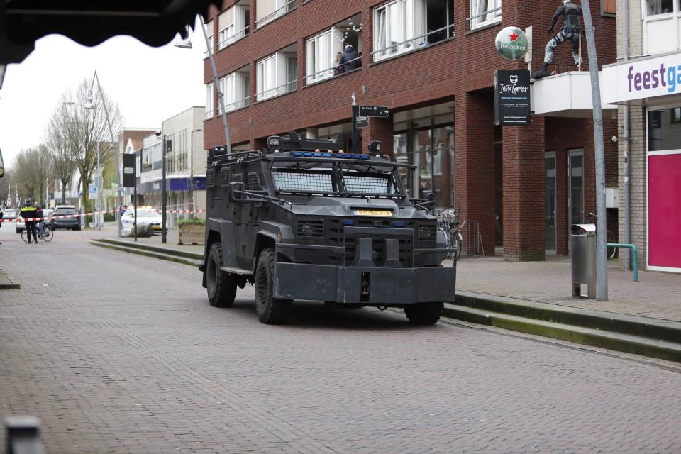 A view shows an armoured vehicle parked on the street near the Cafe Petticoat (Luciano de Graaf via REUTERS)