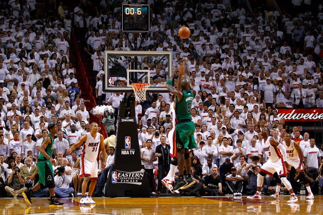 MIAMI, FL - MAY 30: Kevin Garnett #5 of the Boston Celtics attempts a shot against the Miami Heat in Game Two of the Eastern Conference Finals in the 2012 NBA Playoffs on May 30, 2012 at American Airlines Arena in Miami, Florida. NOTE TO USER: User expressly acknowledges and agrees that, by downloading and or using this photograph, User is consenting to the terms and conditions of the Getty Images License Agreement. (Photo by Mike Ehrmann/Getty Images)