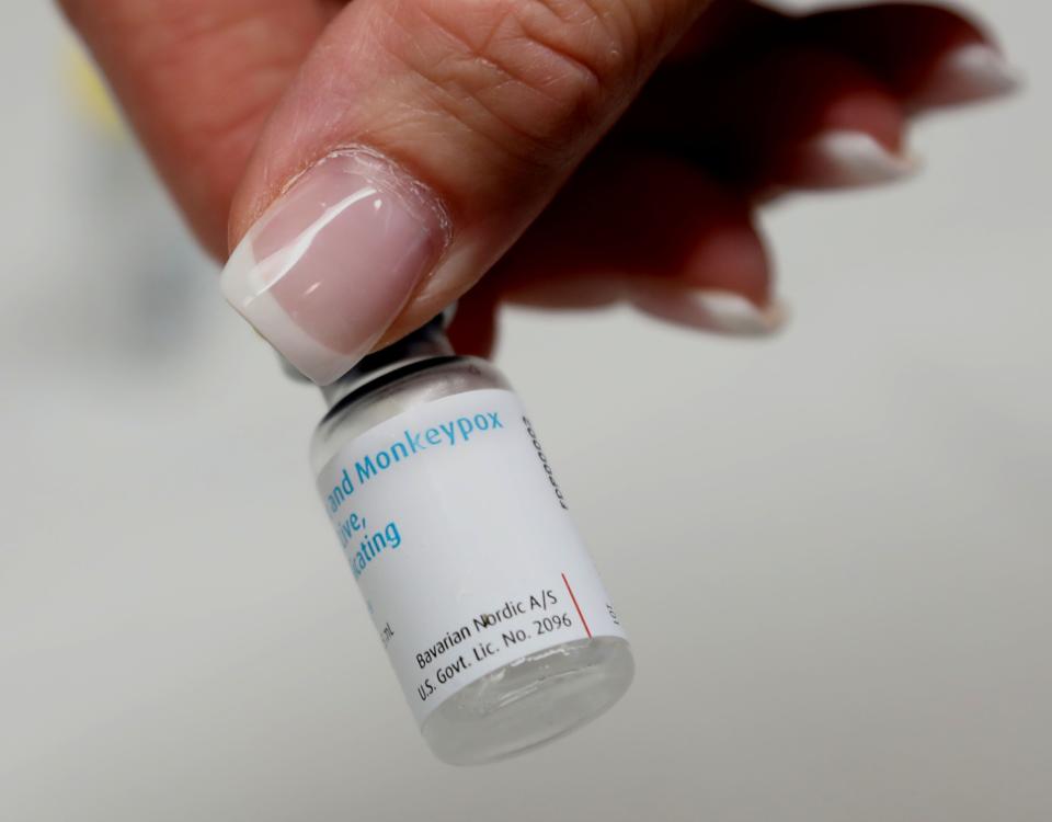 A vial containing the Monkeypox vaccine before it’s contents are administered to a woman and her daughter as their second dose, four weeks after the first dose, at the Summit Health Urgent Care Center in Florham Park, New Jersey, on July 15, 2022.