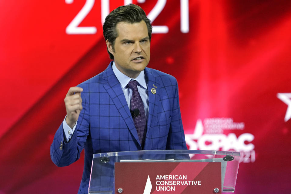 FILE - In this Feb. 26, 2021, file photo Rep. Matt Gaetz, R-Fla.,, speaks at the Conservative Political Action Conference (CPAC) in Orlando, Fla. (AP Photo/John Raoux, File)