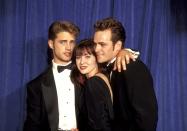 <p>The young stars of <em>Beverly Hills, 90210–</em>Jason Priestley, Shannen Doherty, and Luke Perry<em>–</em>gather together for a photo. The popular show only received one Emmy nomination during its run - a recognition in the Outstanding Guest Actor category for Milton Berle.</p>