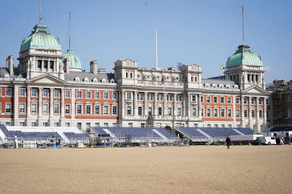 Seating surrounds Horse Guards Parade, London, where preparations are underway on April 17, 2023 for the coronation of King Charles III and the Queen Consort on May 6.<span class="copyright">PA Wire/AP</span>