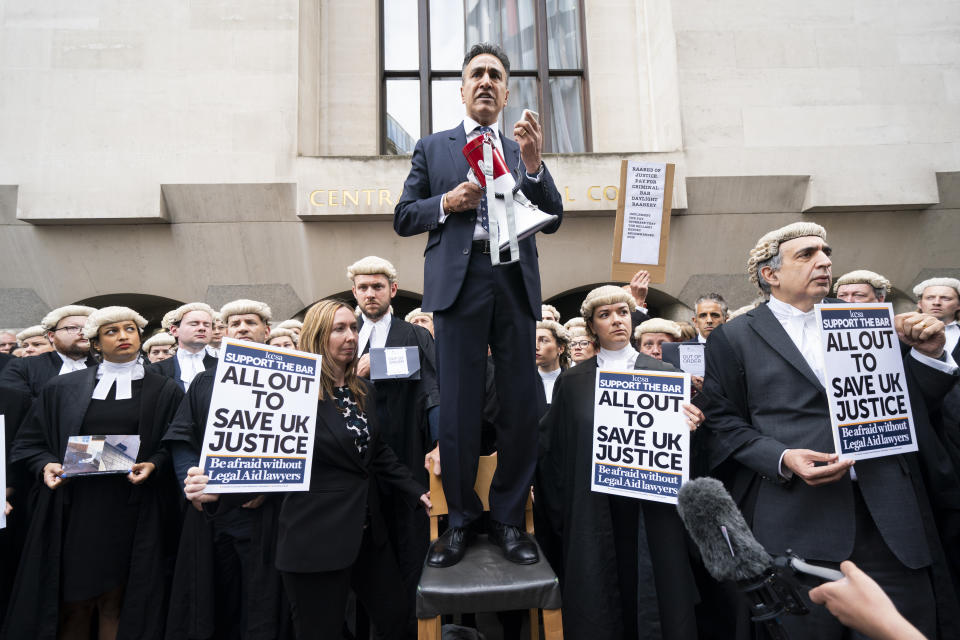 Chair of Criminal Bar Association Jo Sidhu speaks outside the Old Bailey, central London, where criminal barristers from the Criminal Bar Association (CBA), which represents barristers in England and Wales, take part in the first of several days of court walkouts by CBA members in a row over legal aid funding. Picture date: Monday June 27, 2022.