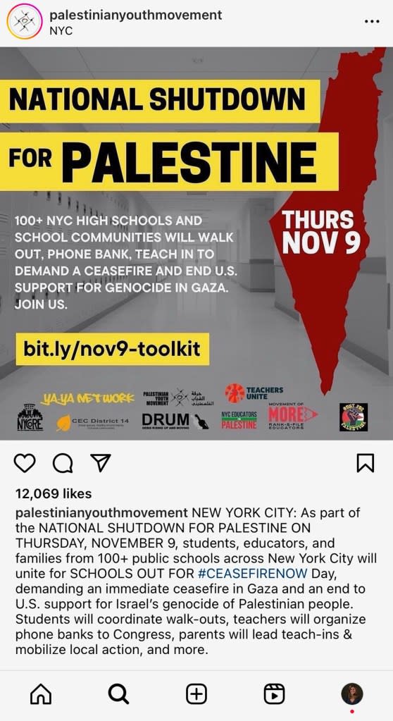 CEC 14 provided shared protest materials like this social media post ahead of a pro-Palestinian student walkout in November. Instagram @cecd14