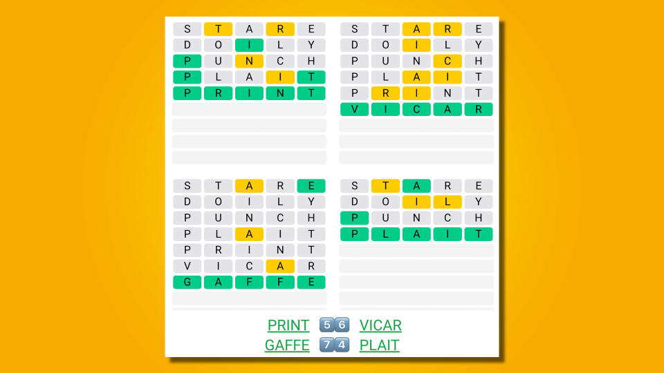 Quordle answers for game 471 on a yellow background