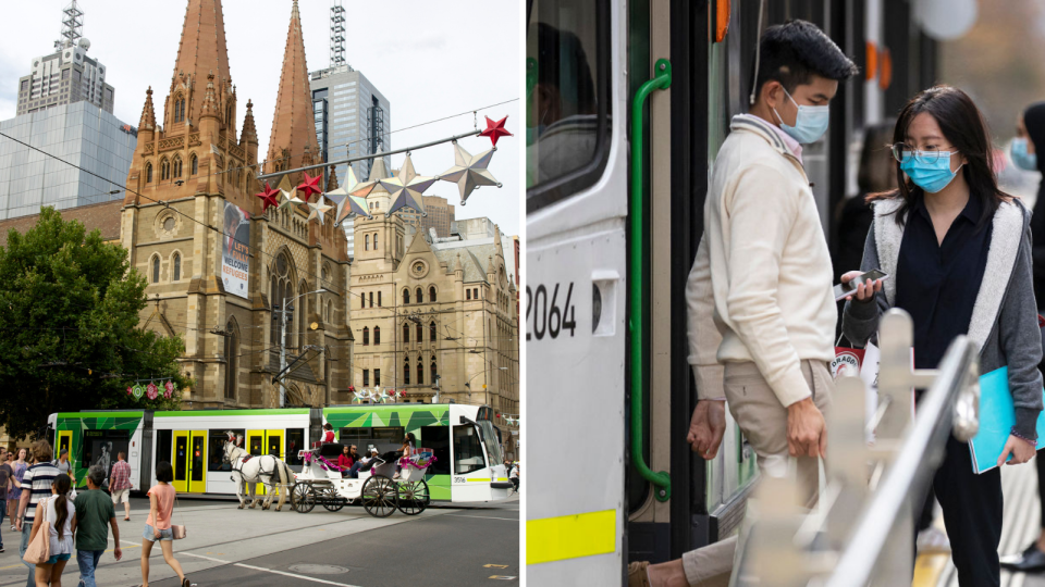 Victorian tram in busy intersection, people wearing masks leave tram in Melbourne. 