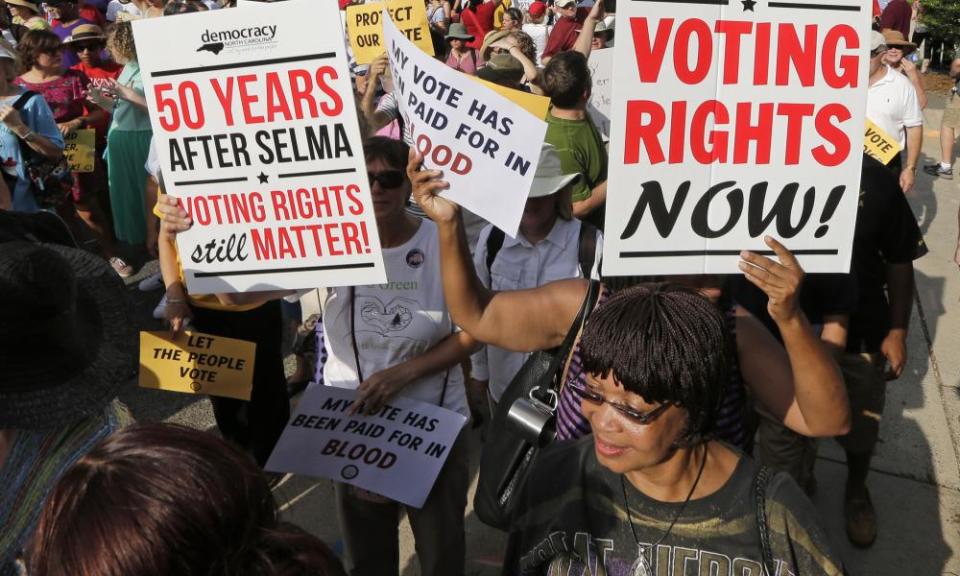 Demonstrators for voting rights march through Winston-Salem, North Carolina in 2015.