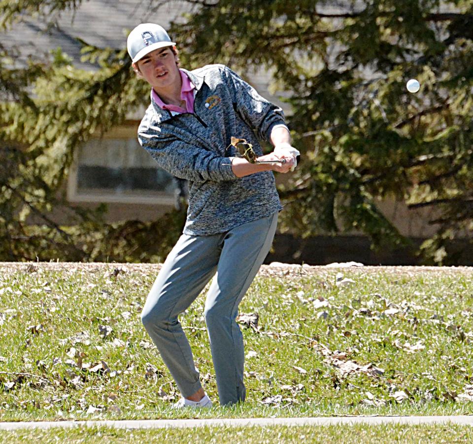 Webster Area's Blaize Amdahl chips to the No. 7 Yellow green during the Great Plains Invitational golf tournament on Tuesday, May 2, 2023 at Cattail Crossing Golf Course.